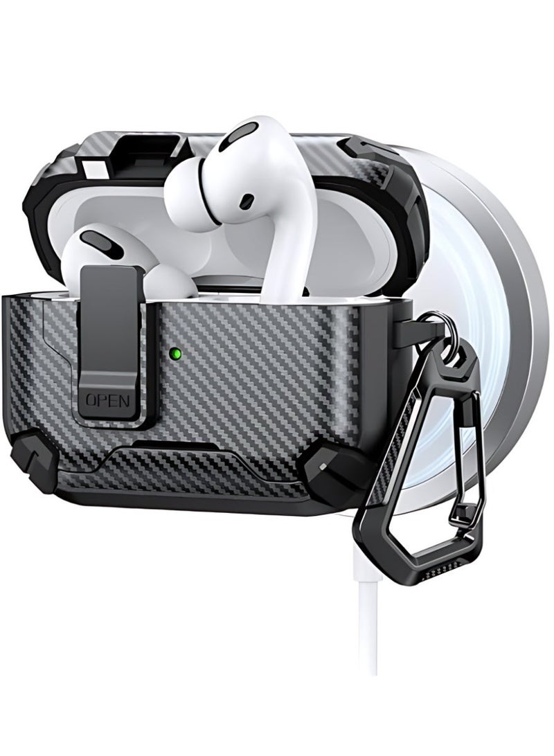 الآلة الصغيرة AirPods Pro 3 غطاء حماية من الدروع الصلبة من ألياف الكربون المقاومة للصدمات ، تصميم قفل آمن ، يدعم الشحن السلكي واللاسلكي دون إزالة القشرة ، مجموعة كاملة مع أداة التنظيف وحلقة المفاتيح المحمولة (أسود) - Image 2